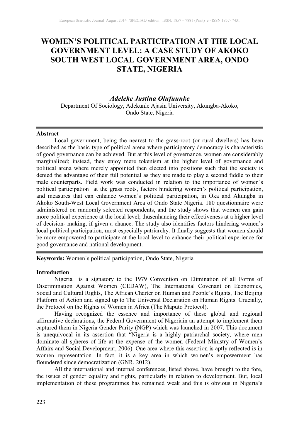 A Case Study of Akoko South West Local Government Area, Ondo State, Nigeria