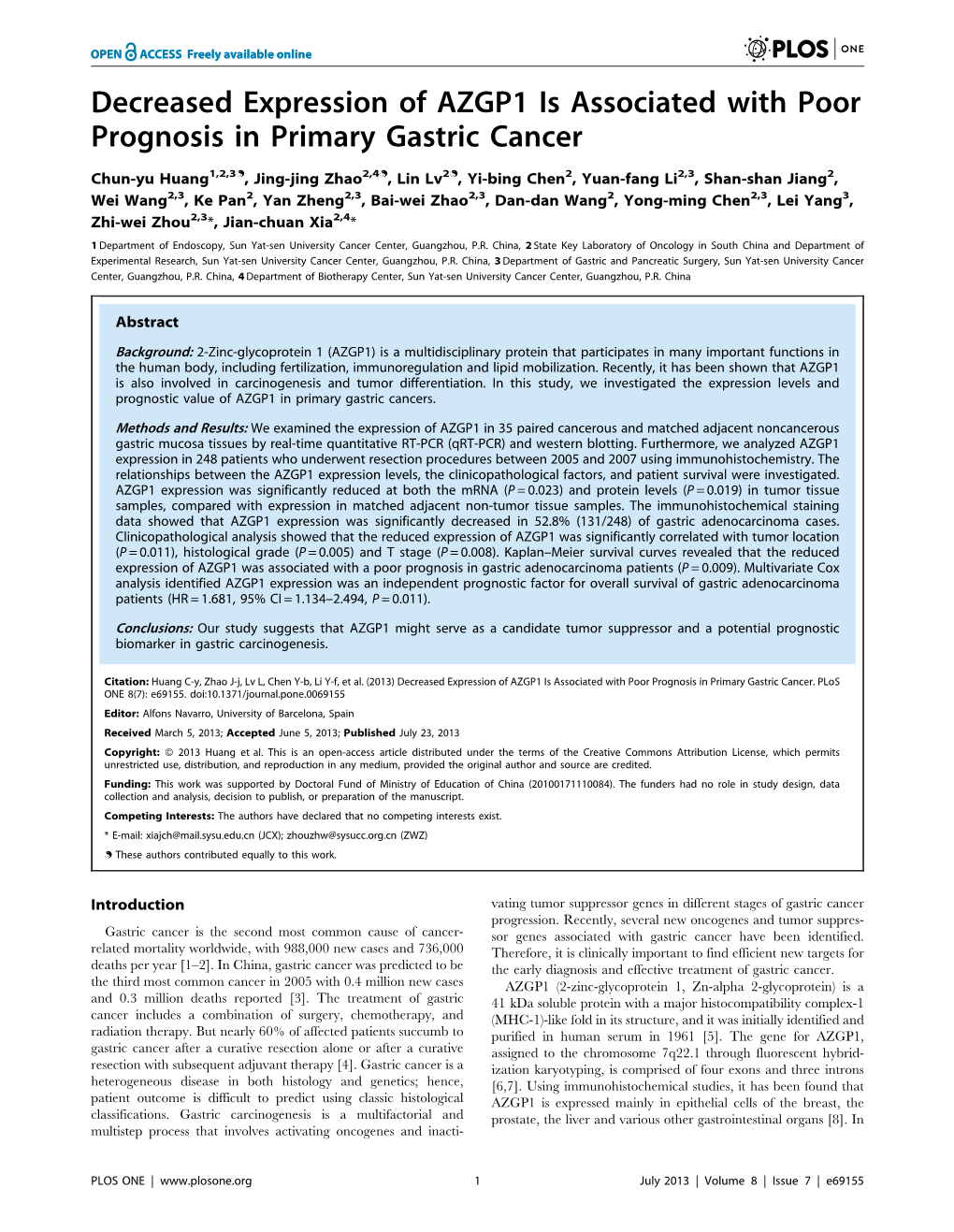 Decreased Expression of AZGP1 Is Associated with Poor Prognosis in Primary Gastric Cancer