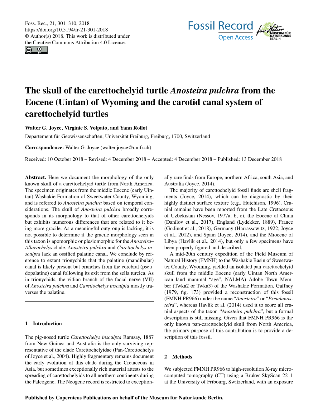 The Skull of the Carettochelyid Turtle Anosteira Pulchra from the Eocene (Uintan) of Wyoming and the Carotid Canal System of Carettochelyid Turtles
