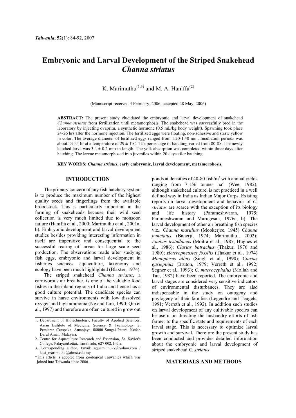 Embryonic and Larval Development of the Striped Snakehead Channa Striatus