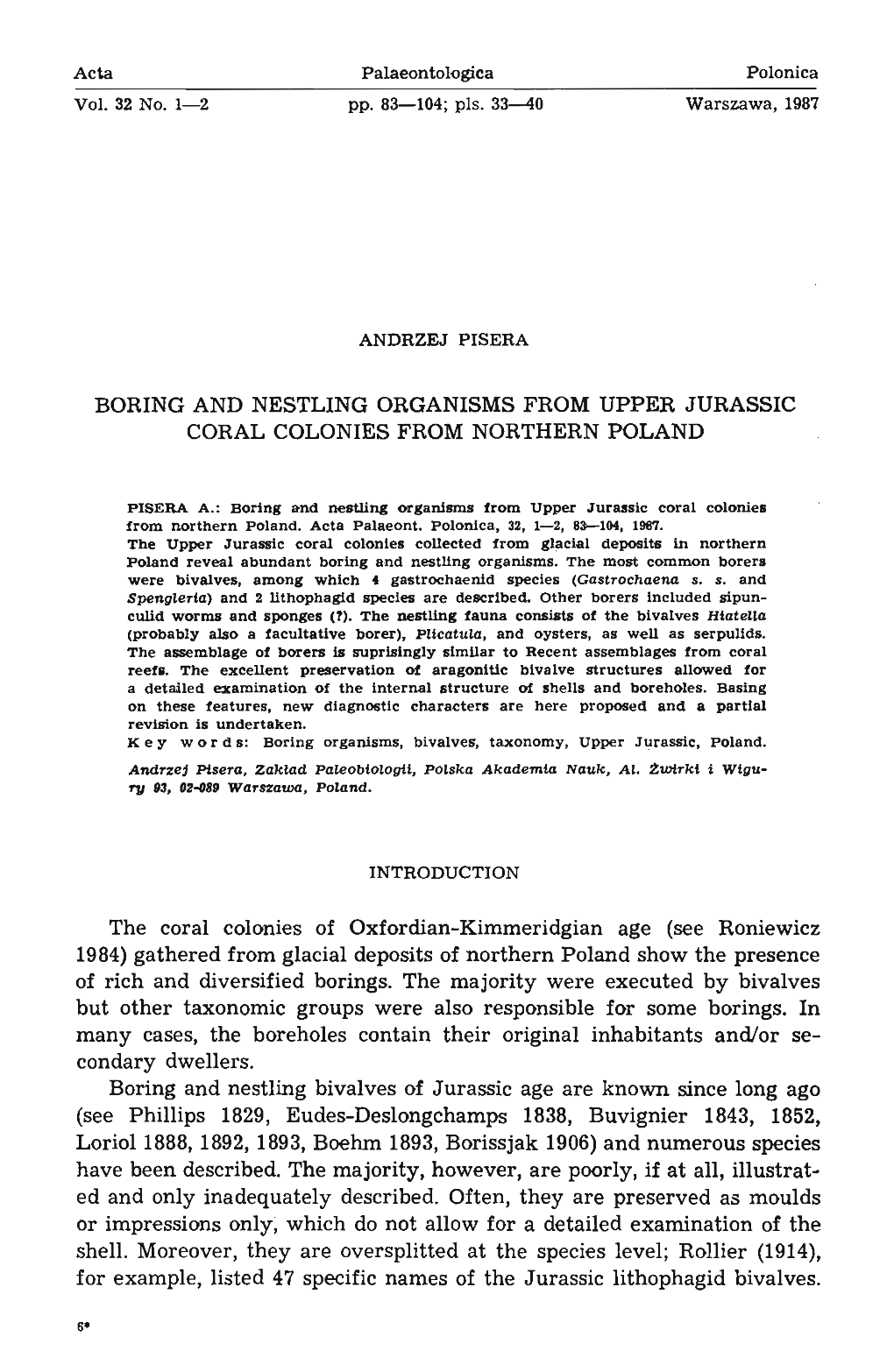 Boring and Nestling Organisms from Upper Jurassic Coral Colonies from Northern Poland