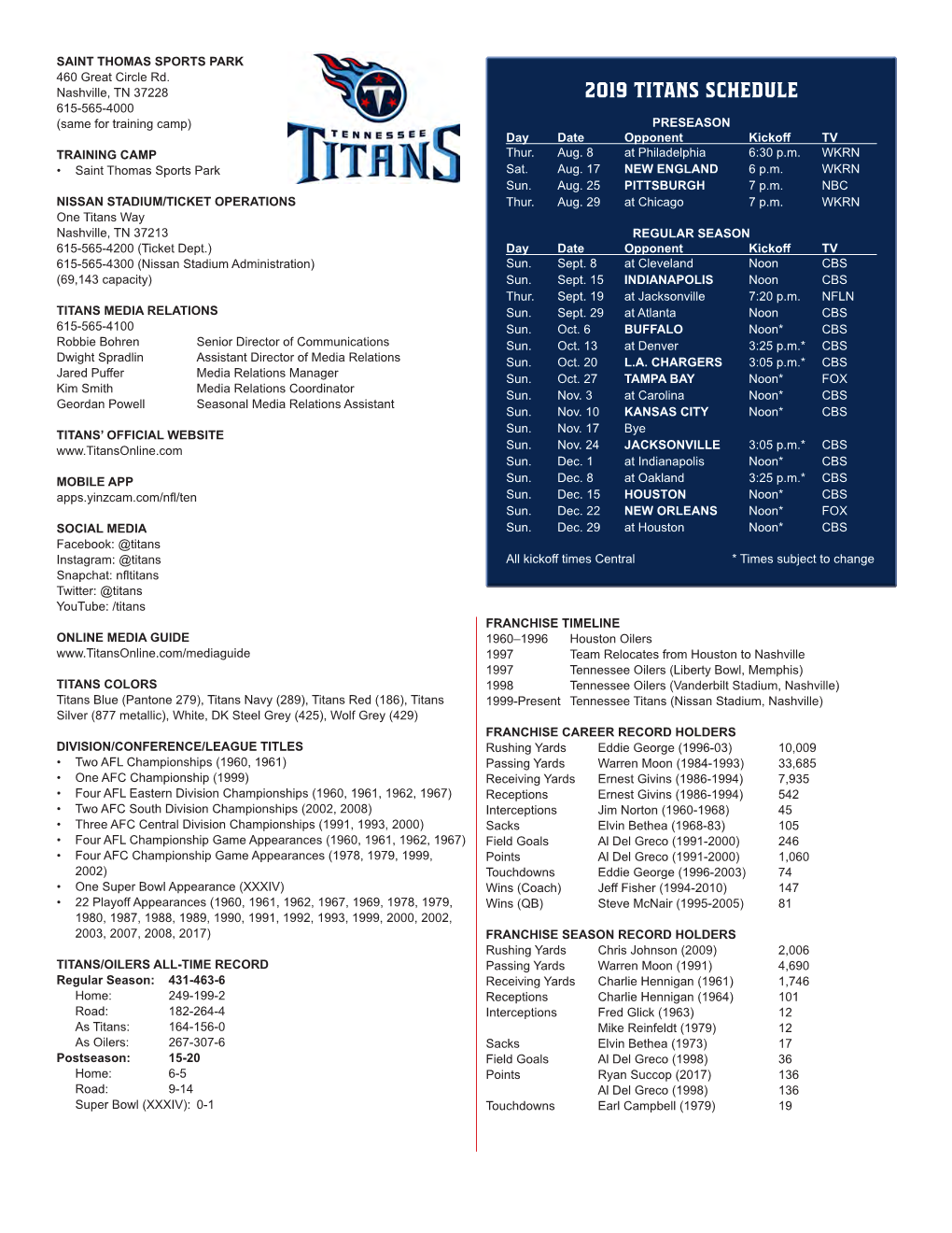 2019 Titans Schedule 2019 Titans Schedule