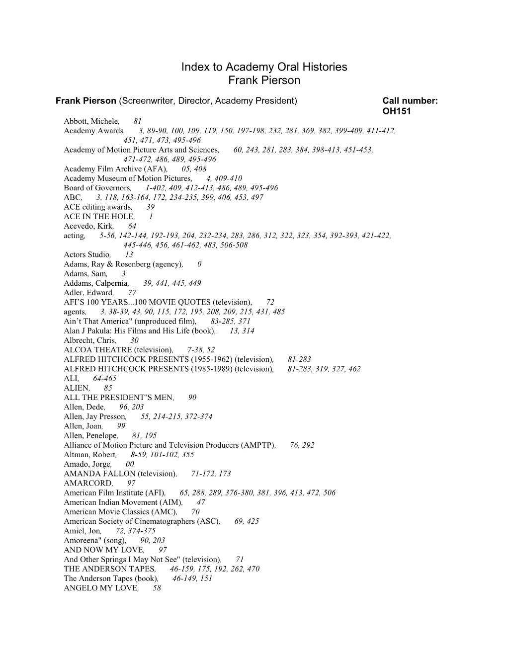 Index to Academy Oral Histories Frank Pierson