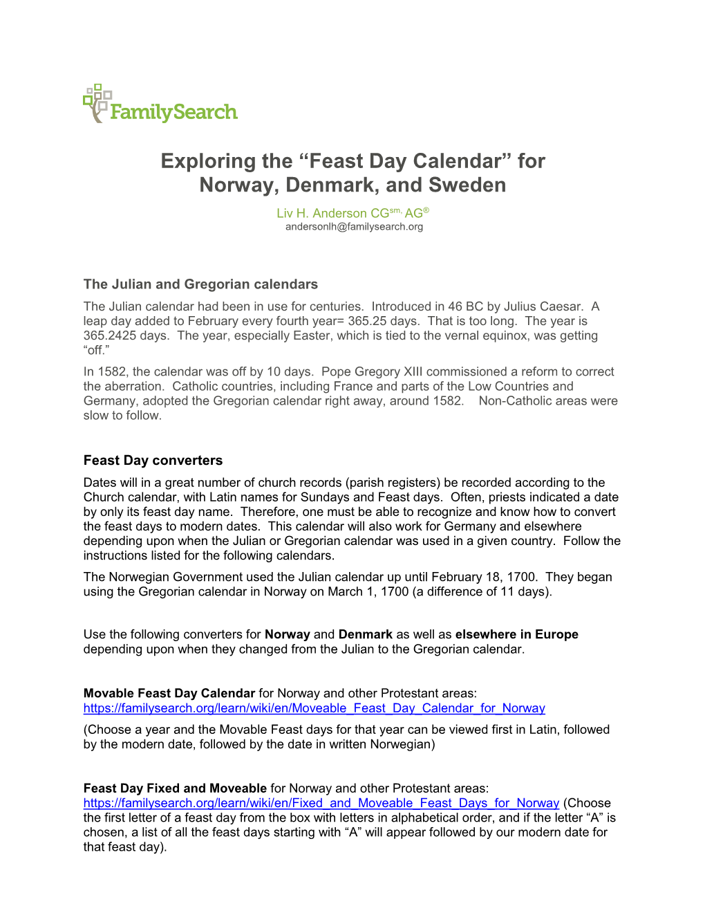 Exploring the “Feast Day Calendar” for Norway, Denmark, and Sweden Liv H