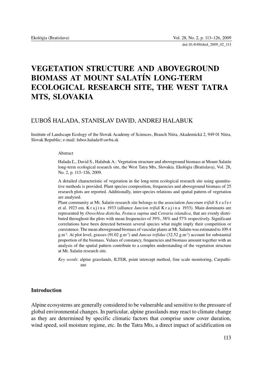 Vegetation Structure and Aboveground Biomass at Mount Salatín Long-Term Ecological Research Site, the West Tatra Mts, Slovakia