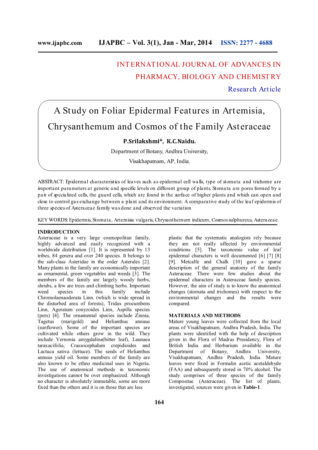 A Study on Foliar Epidermal Features in Artemisia, Chrysanthemum And