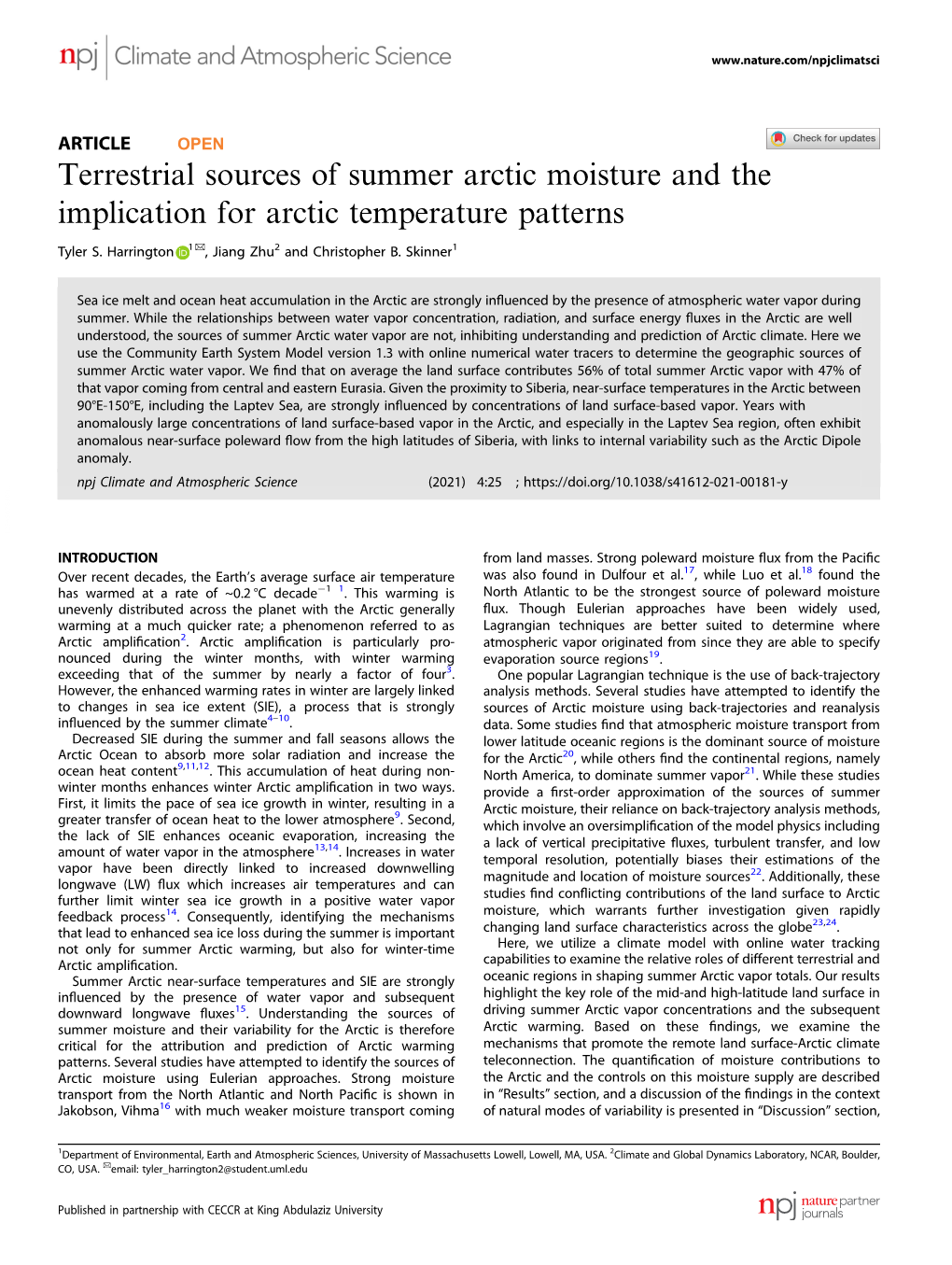Terrestrial Sources of Summer Arctic Moisture and the Implication for Arctic Temperature Patterns ✉ Tyler S