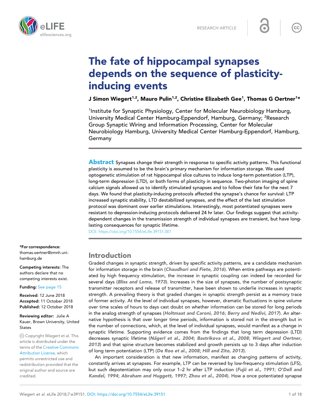 The Fate of Hippocampal Synapses Depends on the Sequence of Plasticity