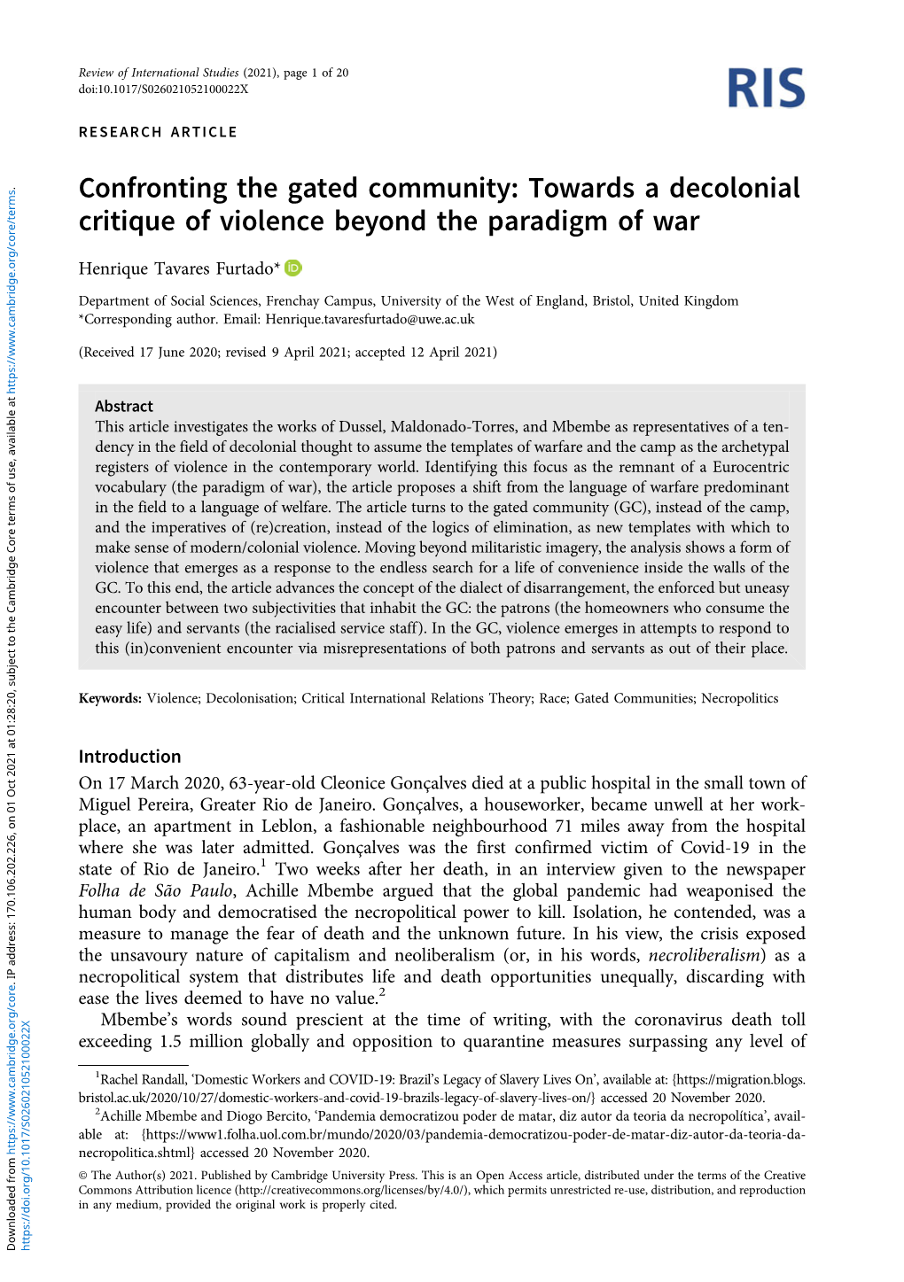 Confronting the Gated Community: Towards a Decolonial Critique of Violence Beyond the Paradigm of War