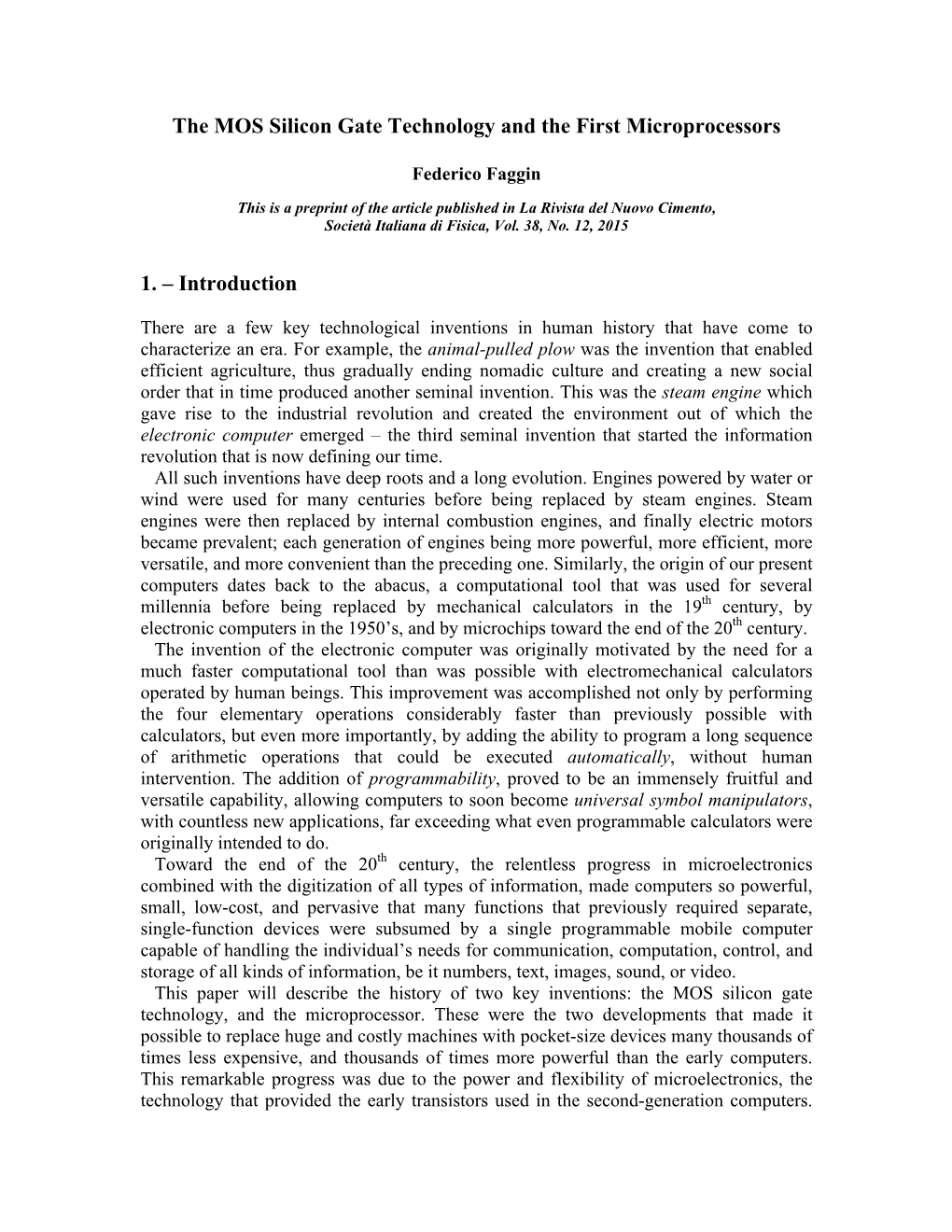 The MOS Silicon Gate Technology and the First Microprocessors