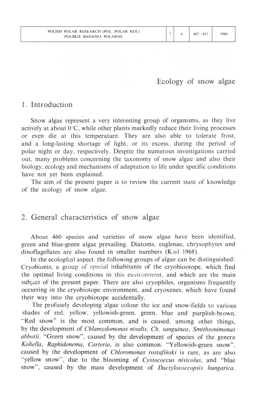 Ecology of Snow Algae 1. Introduction