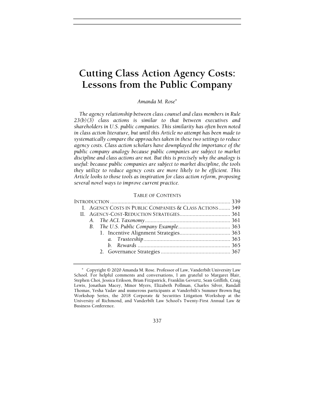 Cutting Class Action Agency Costs: Lessons from the Public Company