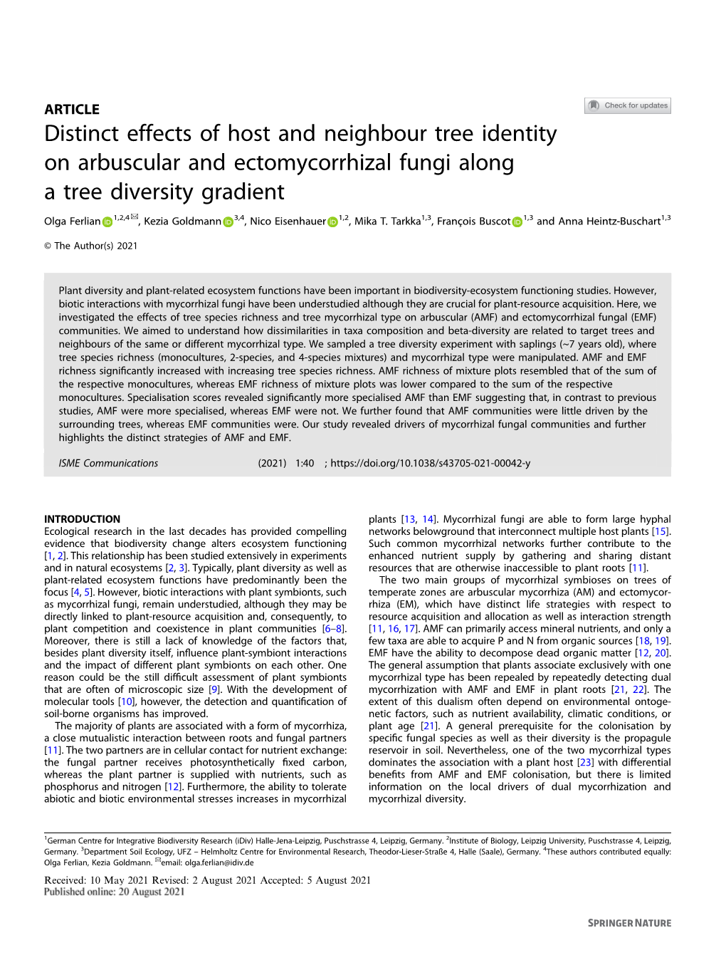 Distinct Effects of Host and Neighbour Tree Identity on Arbuscular and Ectomycorrhizal Fungi Along a Tree Diversity Gradient