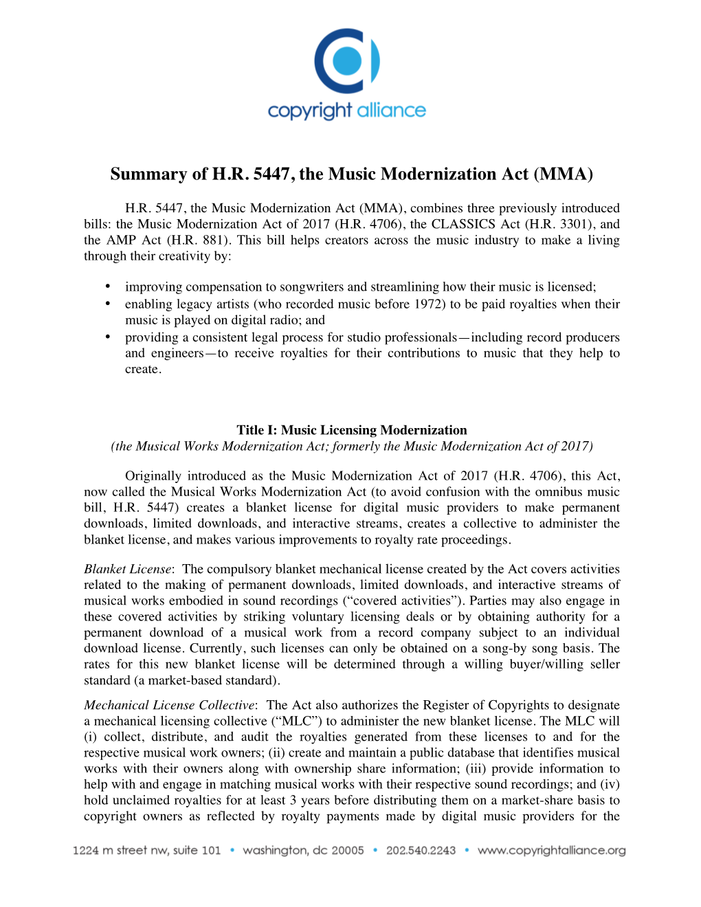 Summary of H.R. 5447, the Music Modernization Act (MMA)
