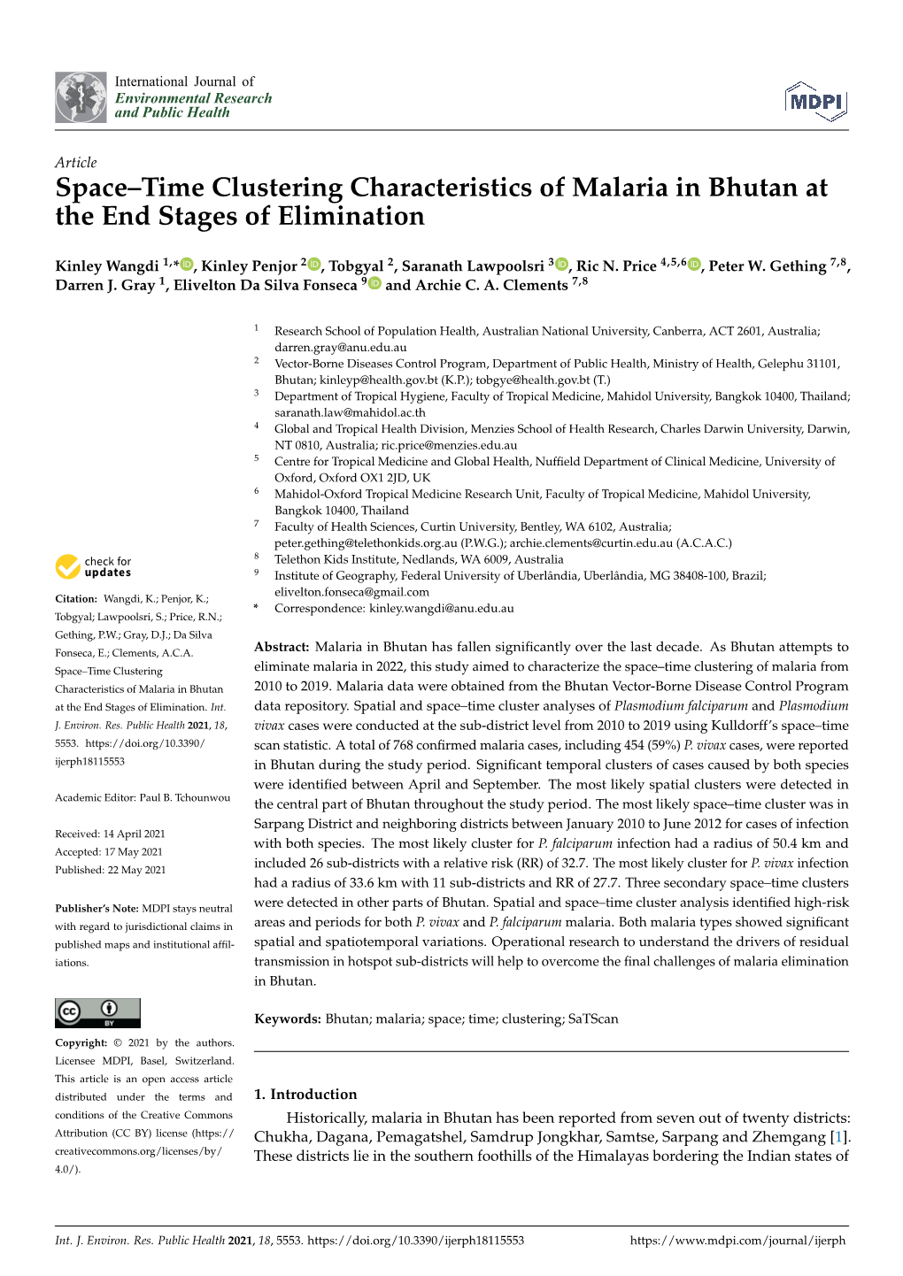 Space–Time Clustering Characteristics of Malaria in Bhutan at the End Stages of Elimination