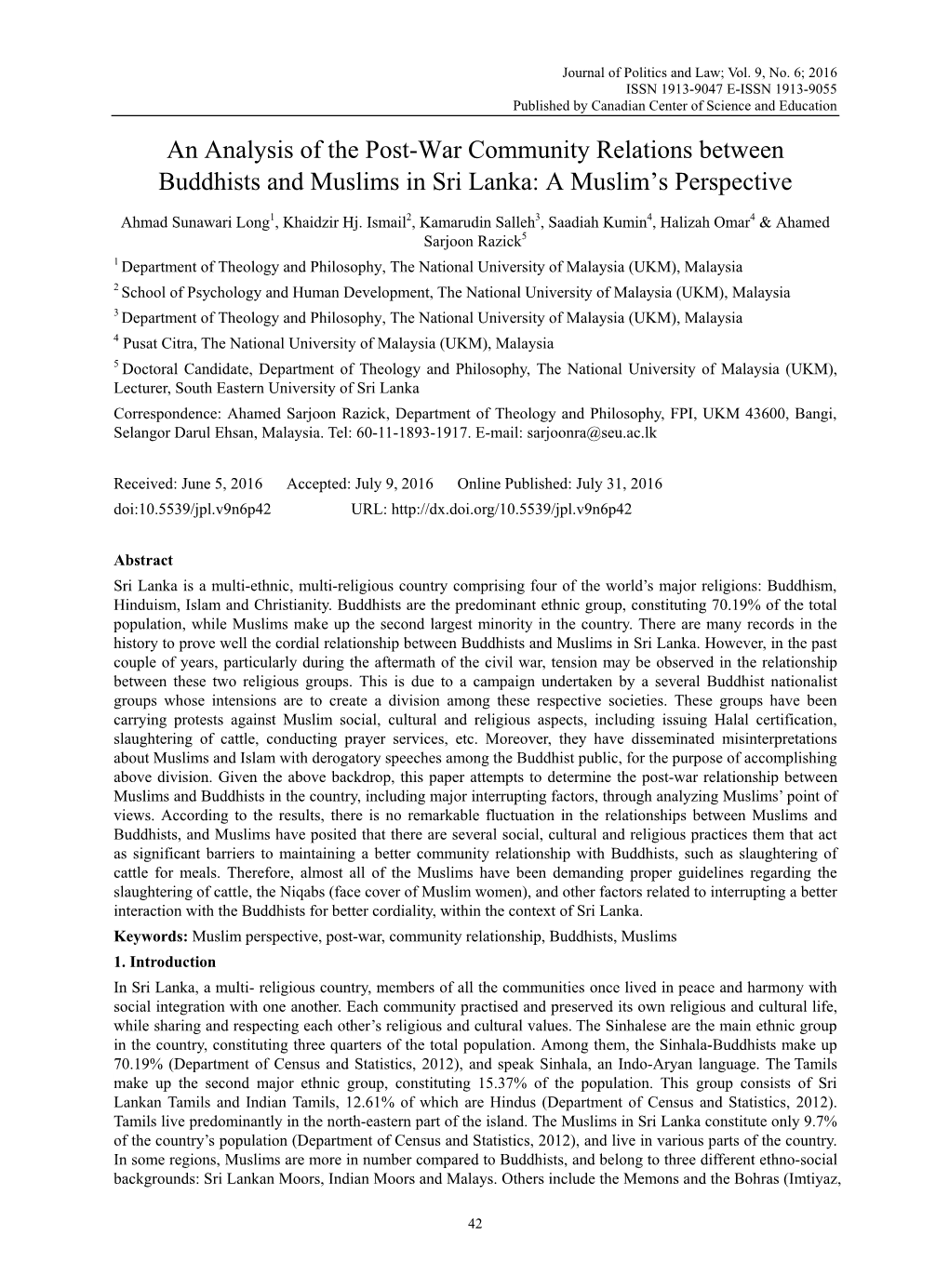 An Analysis of the Post-War Community Relations Between Buddhists and Muslims in Sri Lanka: a Muslim’S Perspective