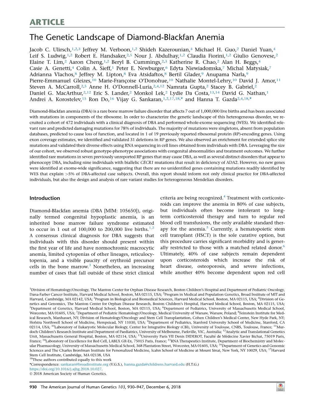 The Genetic Landscape of Diamond-Blackfan Anemia