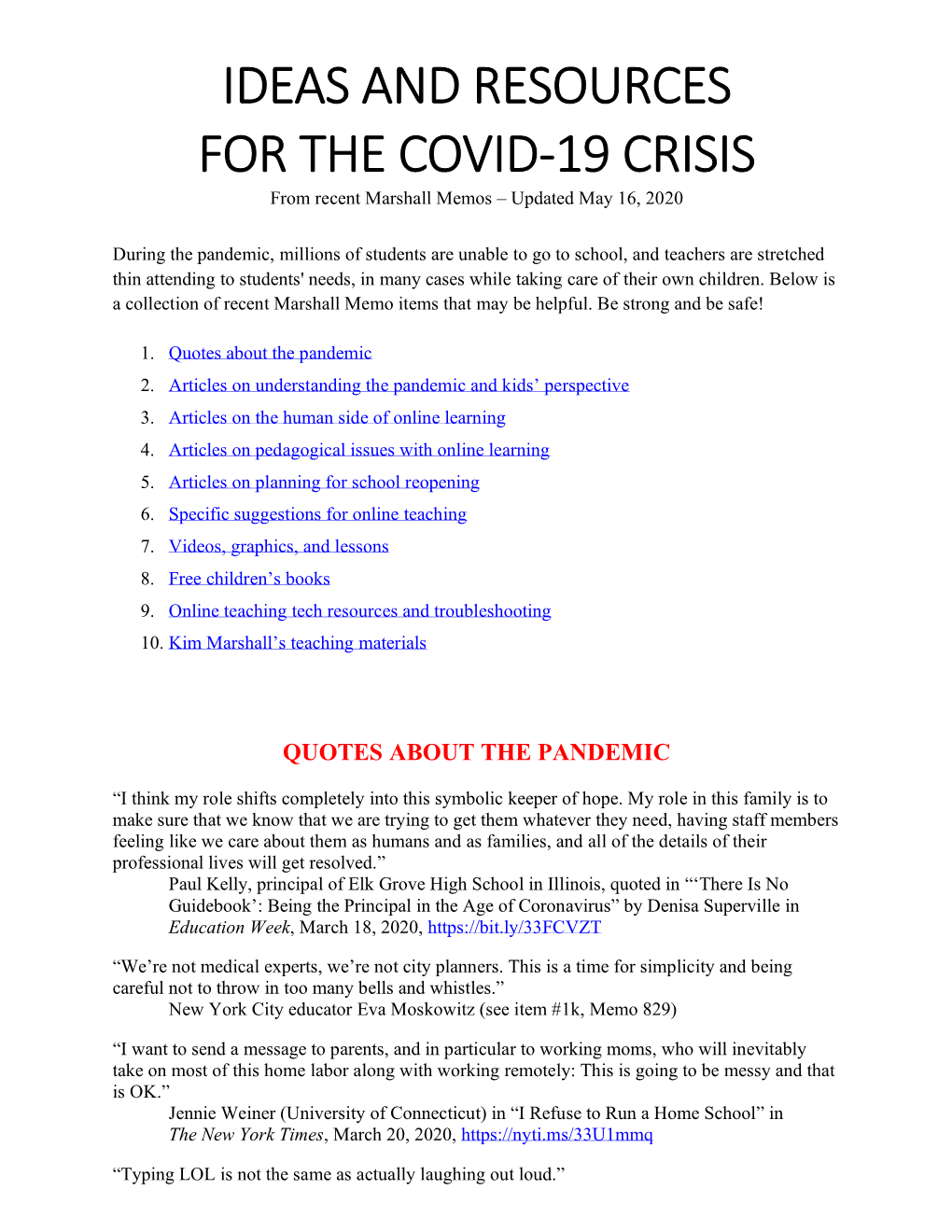 IDEAS and RESOURCES for the COVID-19 CRISIS from Recent Marshall Memos – Updated May 16, 2020