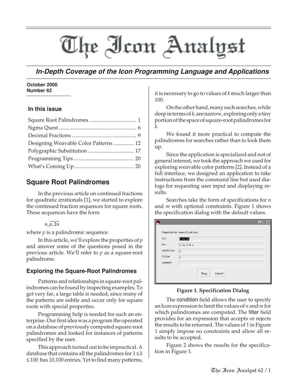 Square Root Palindromes In-Depth Coverage of the Icon Programming