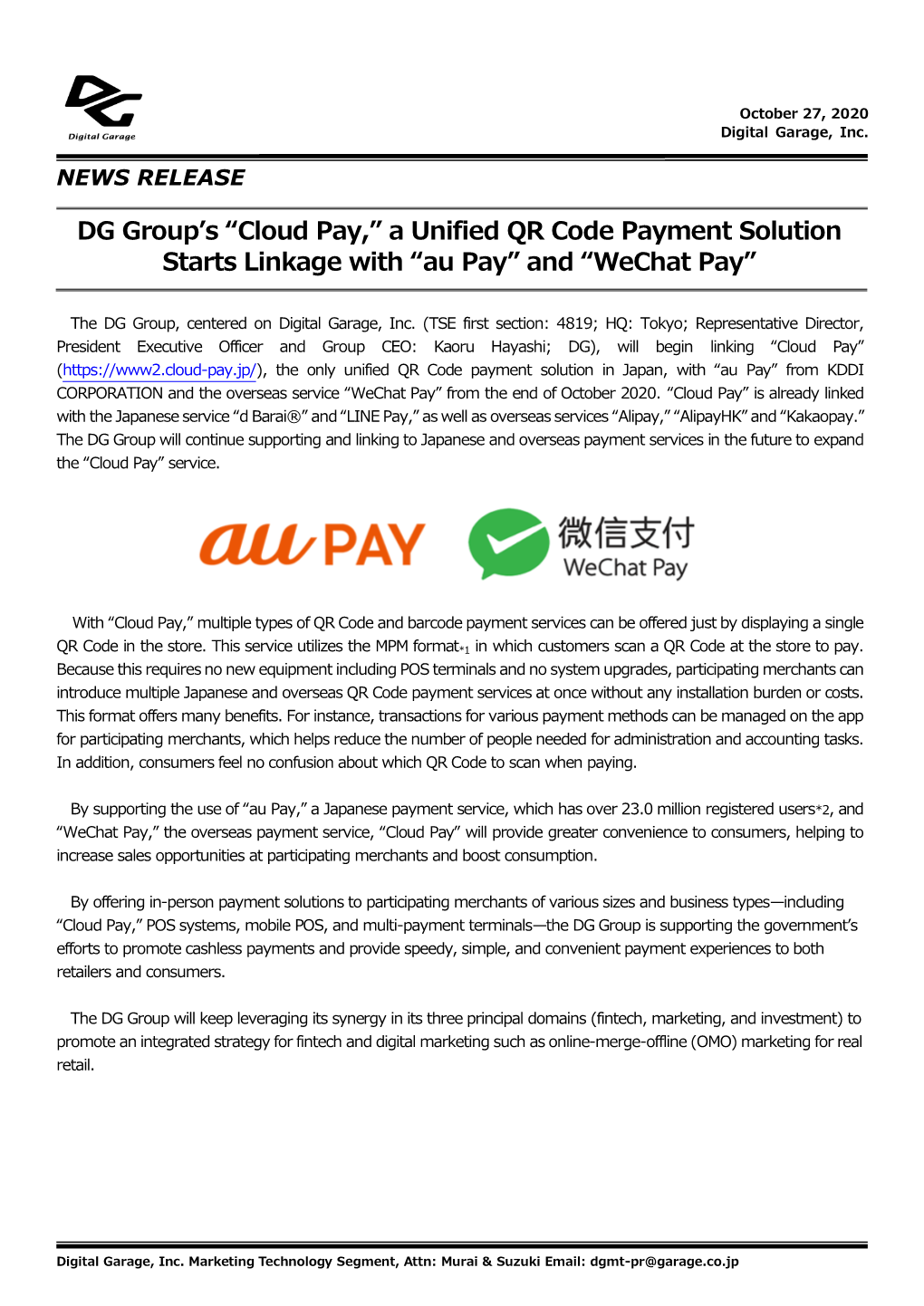 “Cloud Pay,” a Unified QR Code Payment Solution Starts Linkage with “Au Pay” and “Wechat Pay”