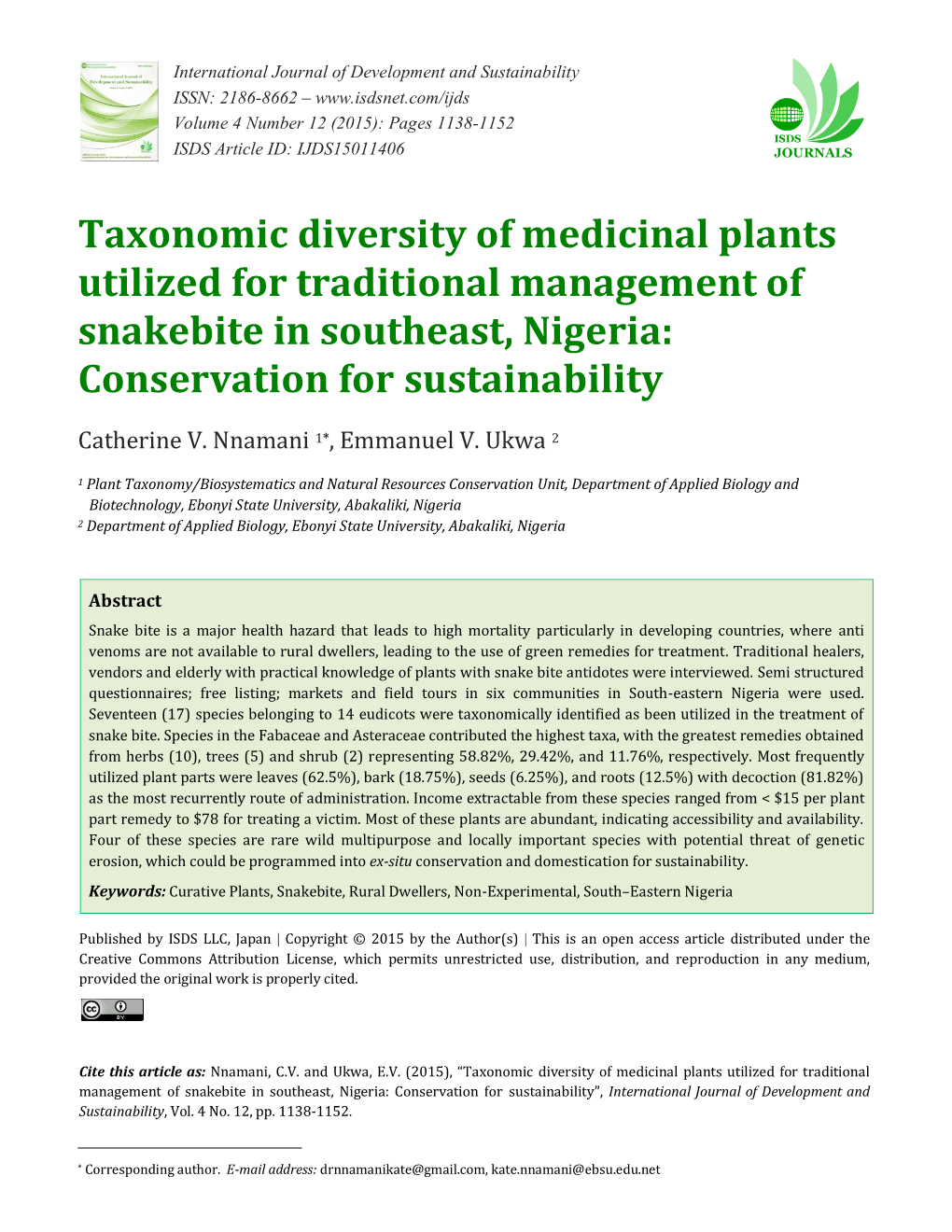 Taxonomic Diversity of Medicinal Plants Utilized for Traditional Management of Snakebite in Southeast, Nigeria: Conservation for Sustainability