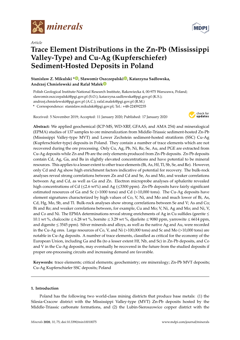 Trace Element Distributions in the Zn-Pb (Mississippi Valley-Type) and Cu-Ag (Kupferschiefer) Sediment-Hosted Deposits in Poland