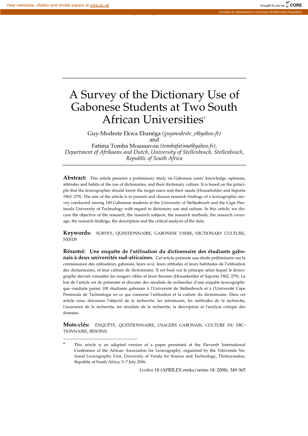 A Survey of the Dictionary Use of Gabonese Students at Two