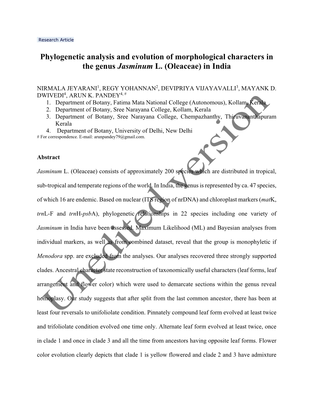 Phylogenetic Analysis and Evolution of Morphological Characters in the Genus Jasminum L