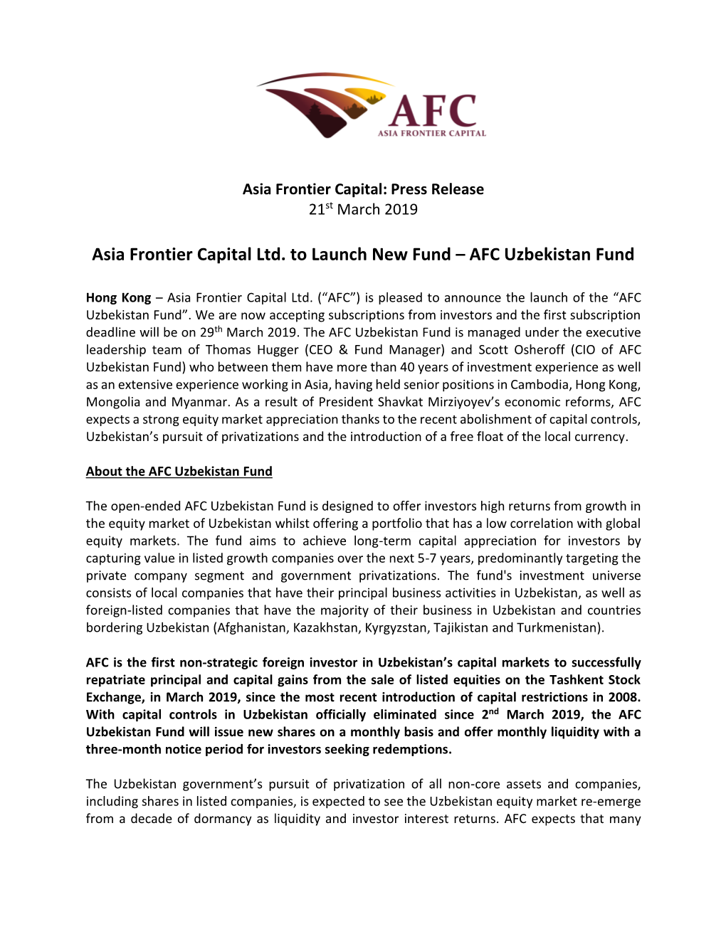 Asia Frontier Capital Ltd. to Launch New Fund – AFC Uzbekistan Fund