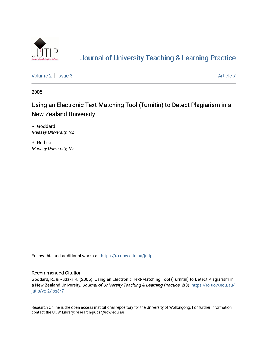 Using an Electronic Text-Matching Tool (Turnitin) to Detect Plagiarism in a New Zealand University