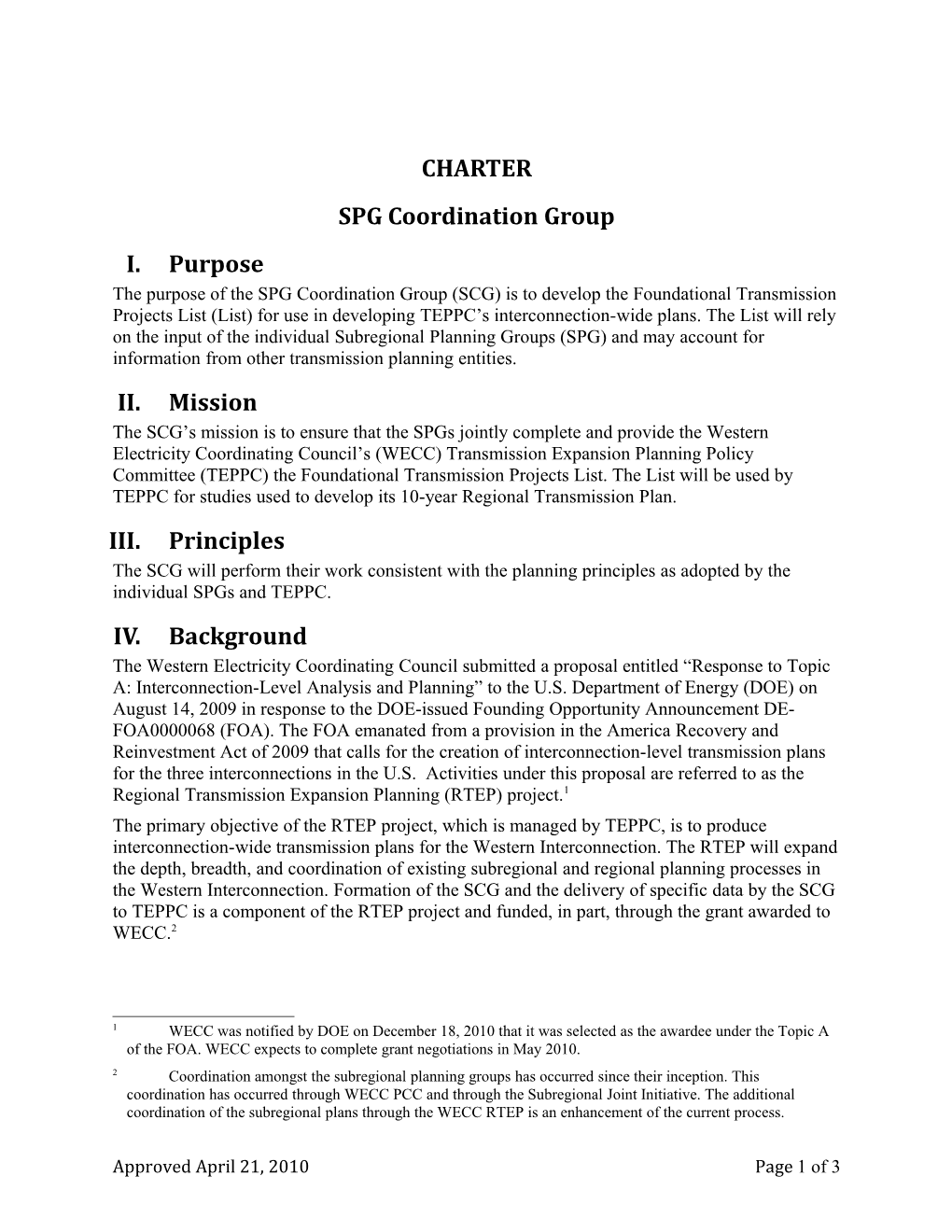 Subregional Planning Coordination Group Charter