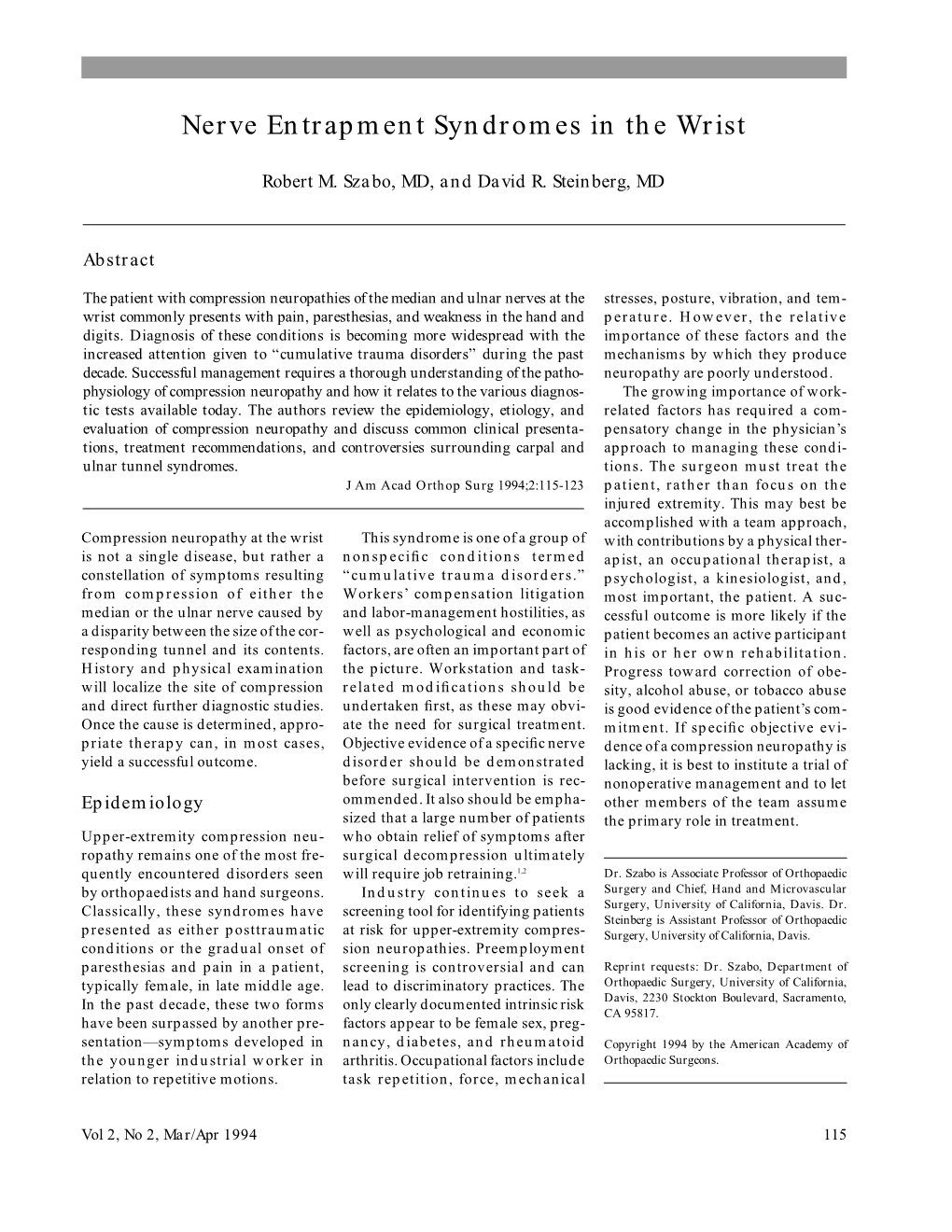 Nerve Entrapment Syndromes in the Wrist