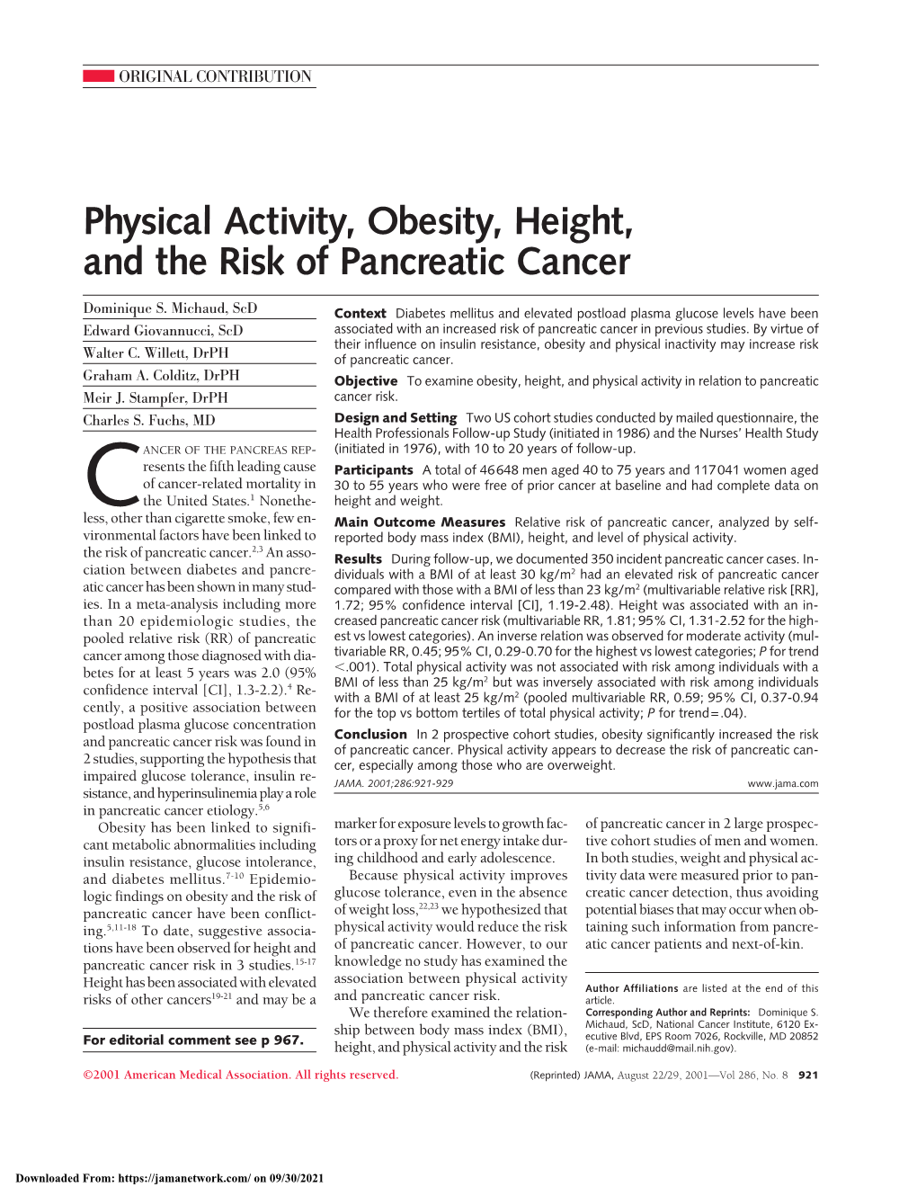 Physical Activity, Obesity, Height, and the Risk of Pancreatic Cancer