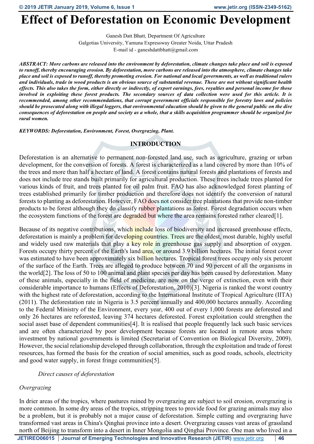 Effect of Deforestation on Economic Development