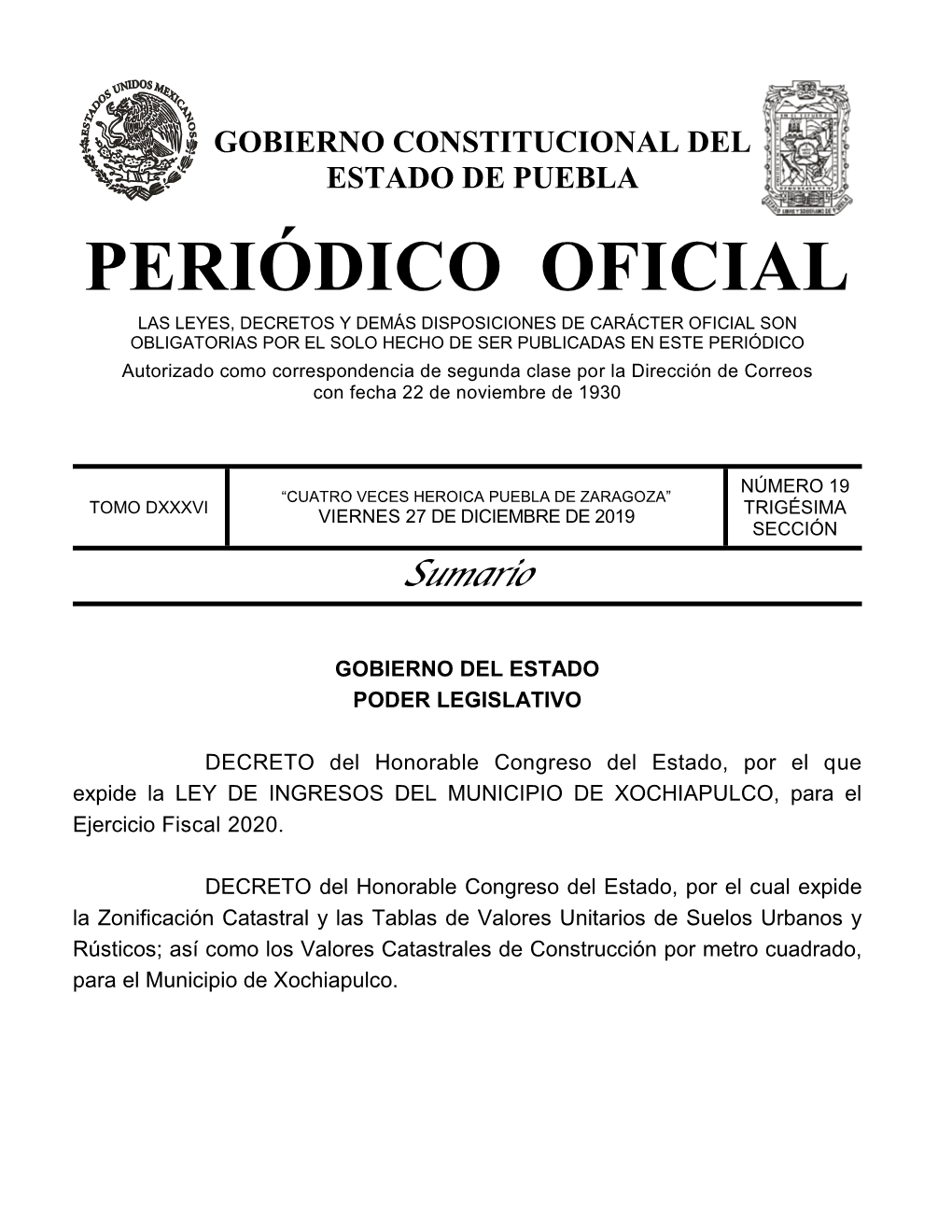 LEY DE INGRESOS DEL MUNICIPIO DE XOCHIAPULCO, Para El Ejercicio Fiscal 2020