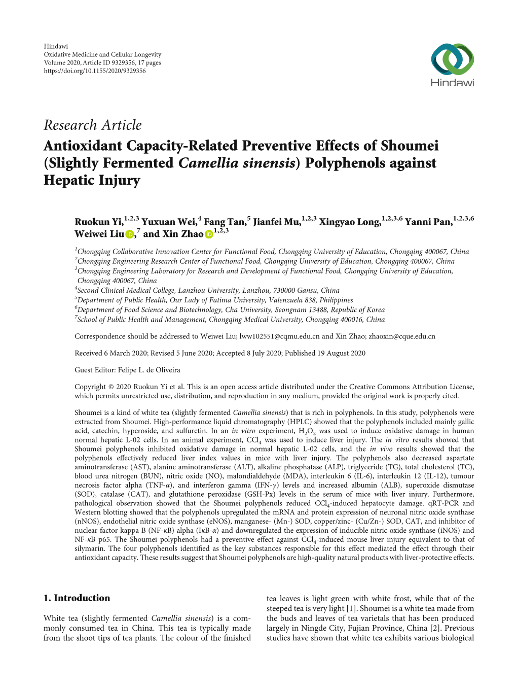 Antioxidant Capacity-Related Preventive Effects of Shoumei (Slightly Fermented Camellia Sinensis) Polyphenols Against Hepatic Injury