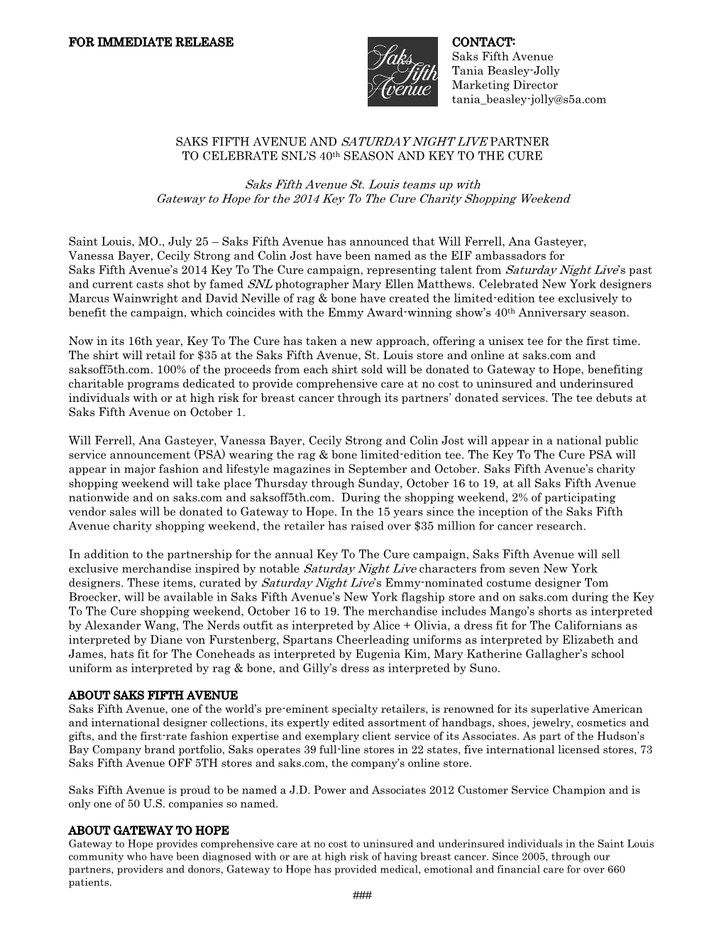 Saks Fifth Avenue St. Louis Teams up with Gateway to Hope for the 2014 Key to the Cure Charity Shopping Weekend