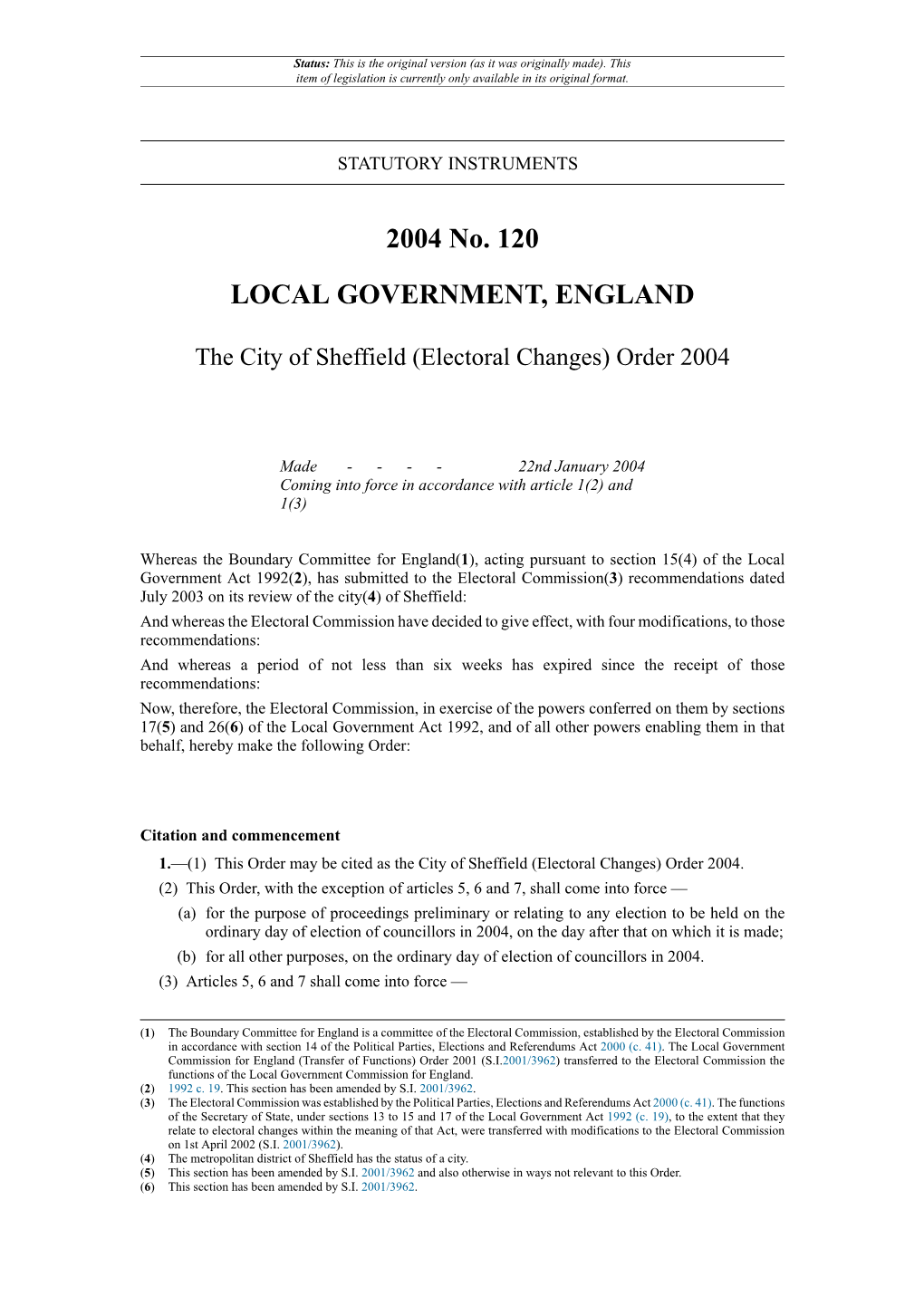 The City of Sheffield (Electoral Changes) Order 2004