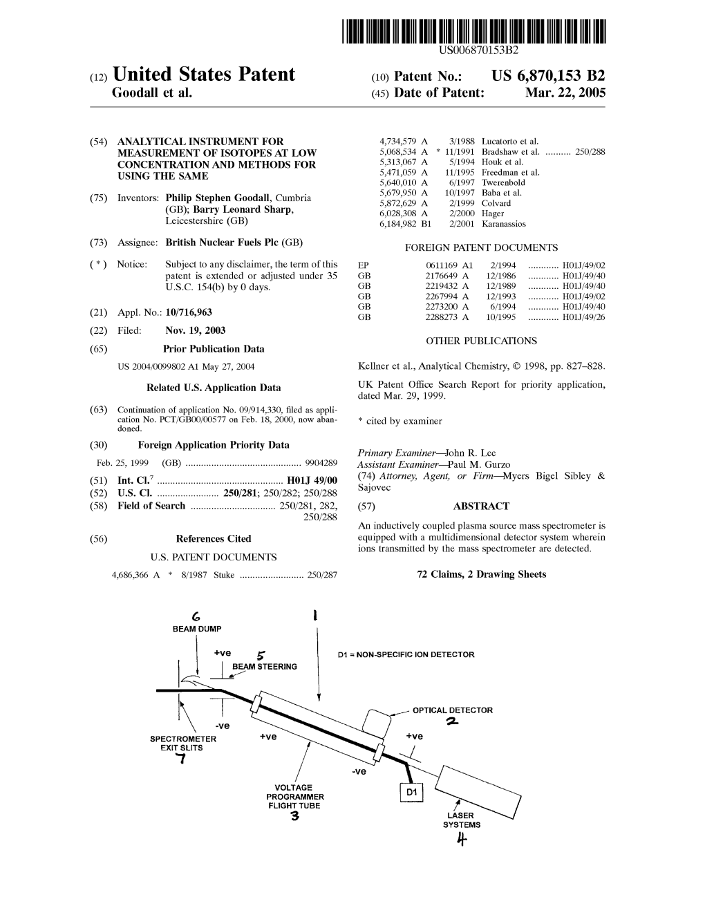 (12) United States Patent (10) Patent No.: US 6,870,153 B2 G00dall Et Al