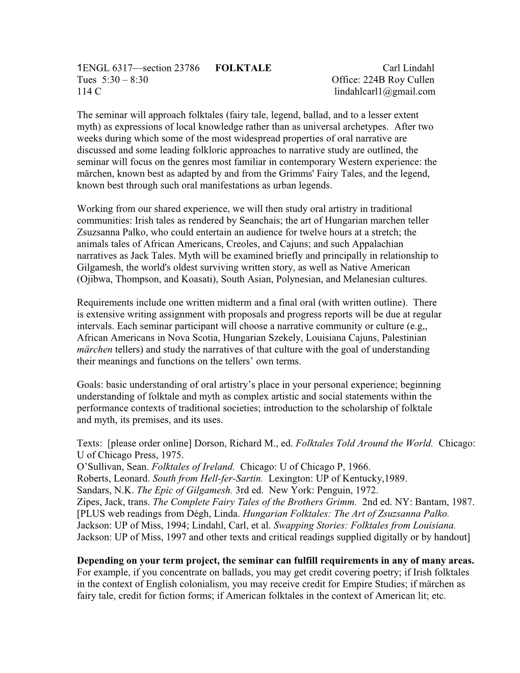 ENGL 6317 Section 23786 FOLKTALE Carl Lindahl