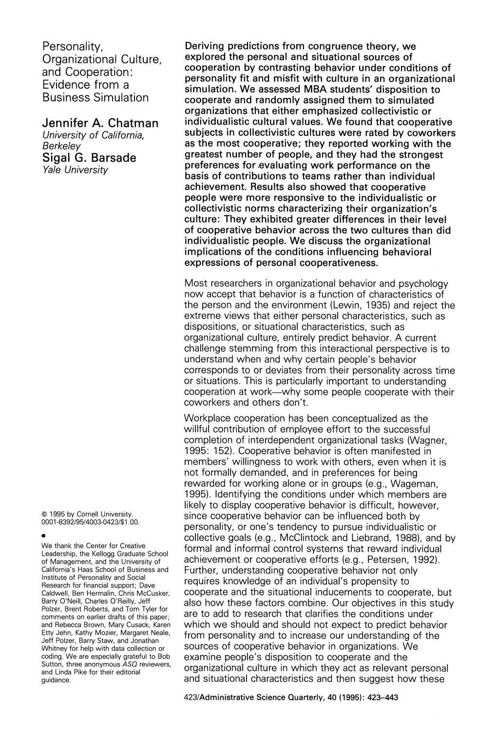Personality, Organizational Culture, and Cooperation: Evidence