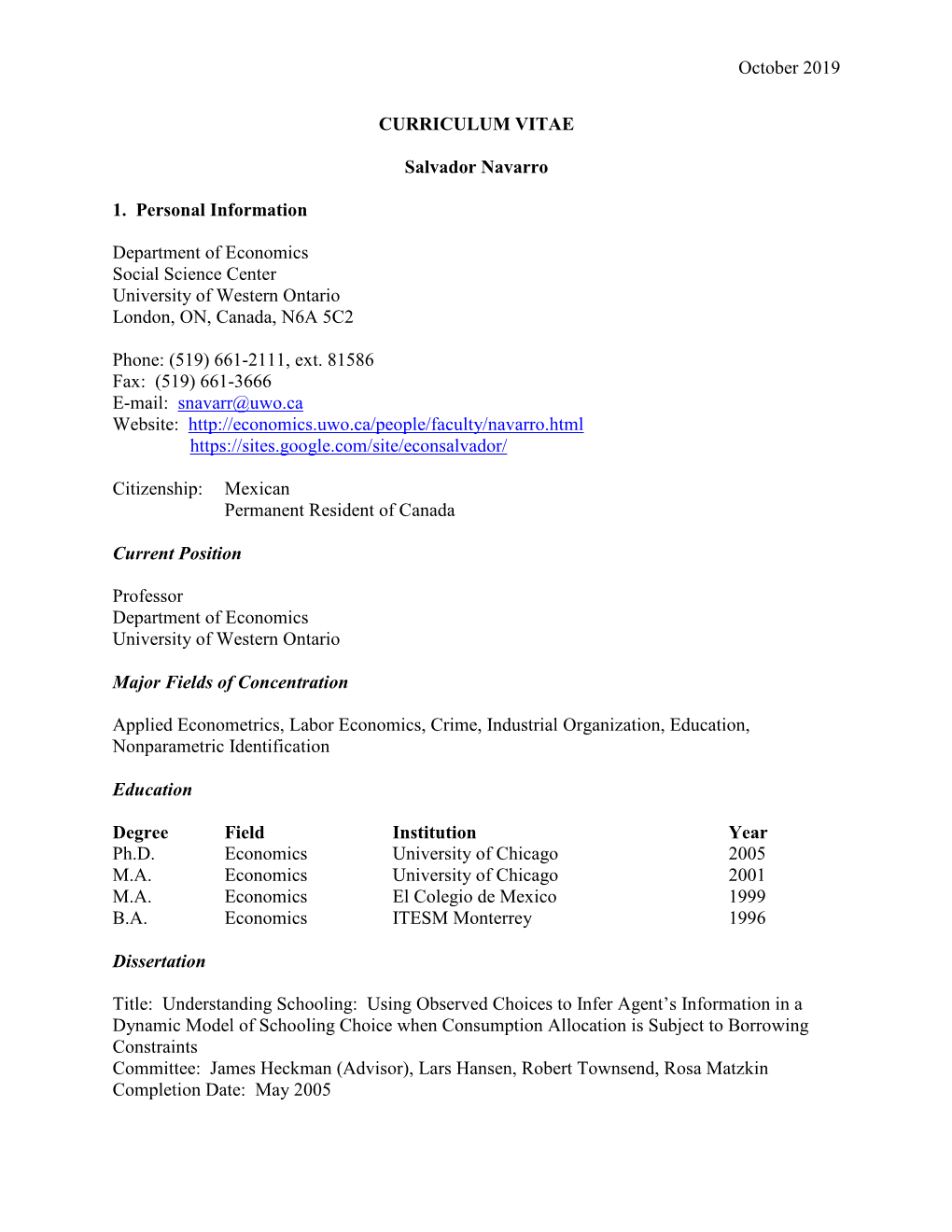 October 2019 CURRICULUM VITAE Salvador Navarro 1. Personal