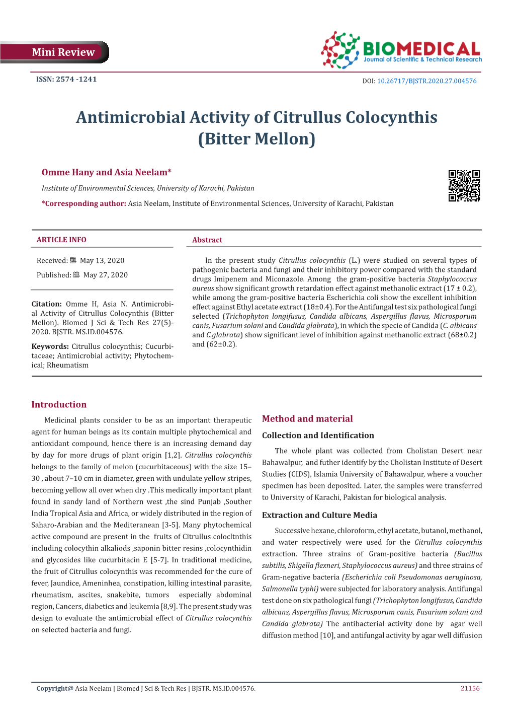 Antimicrobial Activity of Citrullus Colocynthis (Bitter Mellon)
