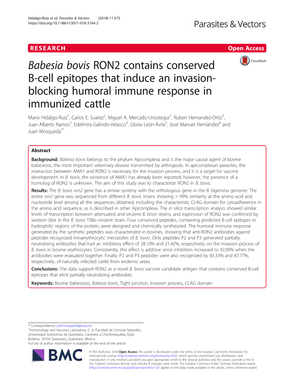 Babesia Bovis RON2 Contains Conserved B-Cell Epitopes That Induce an Invasion- Blocking Humoral Immune Response in Immunized Cattle Mario Hidalgo-Ruiz1, Carlos E