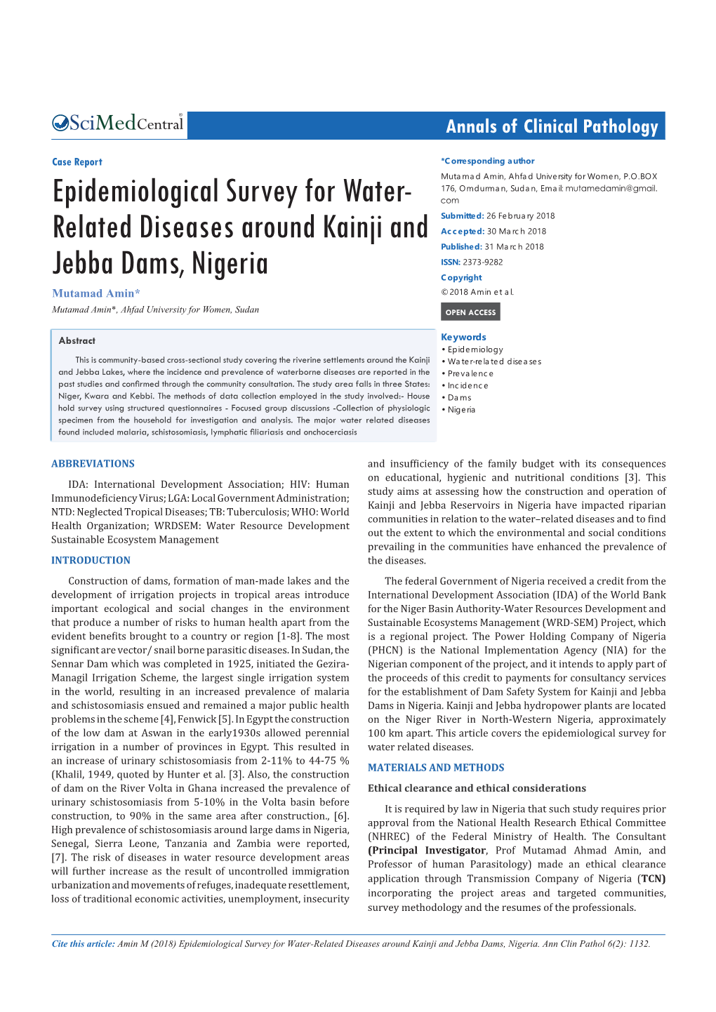 Epidemiological Survey for Water-Related Diseases Around Kainji and Jebba Dams, Nigeria