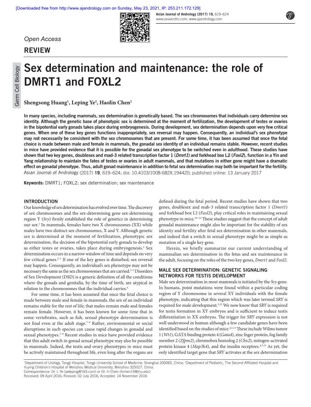 Sex Determination and Maintenance: the Role of DMRT1 and FOXL2