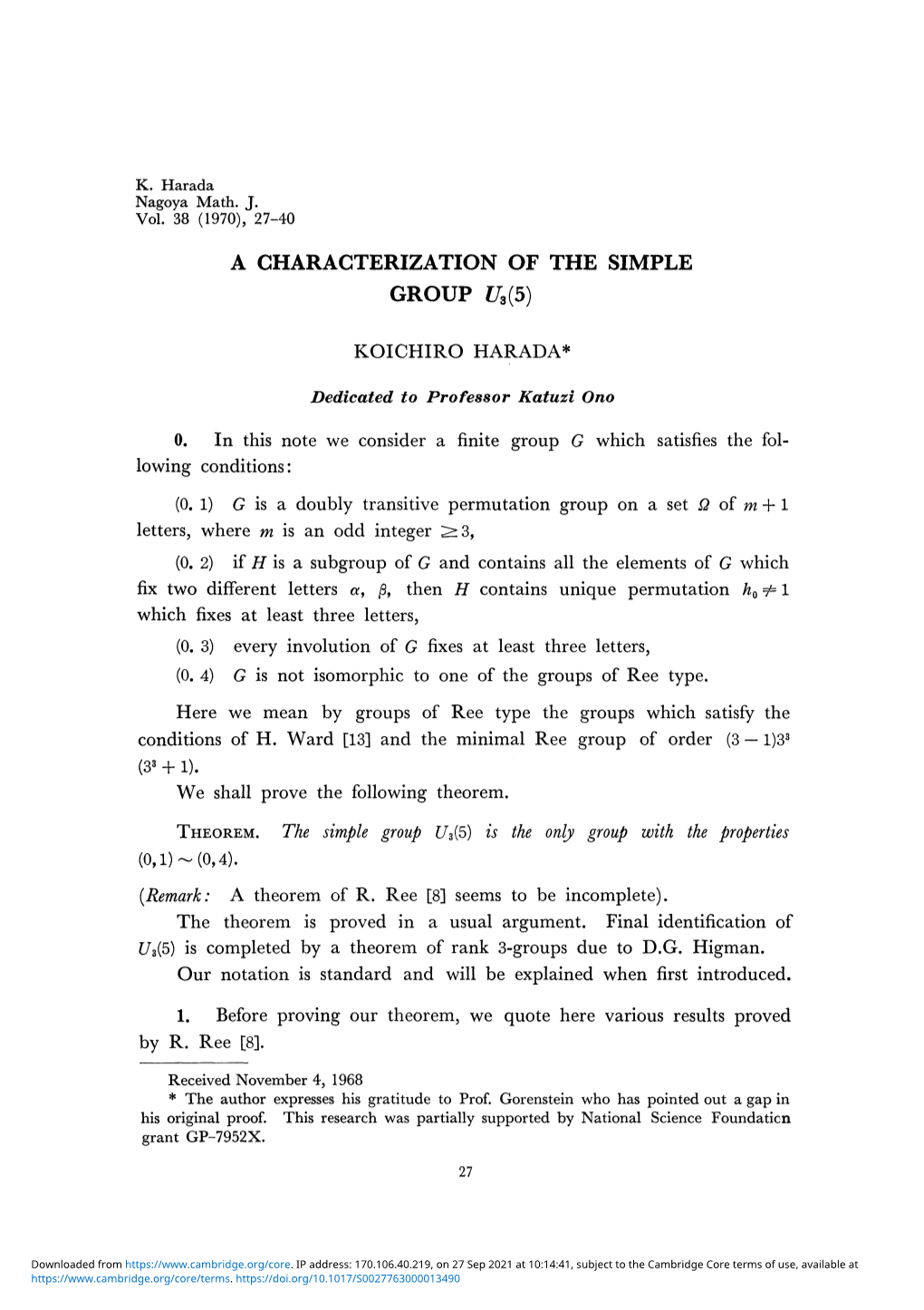 A Characterization of the Simple Group U3{5) Koichiro Harada