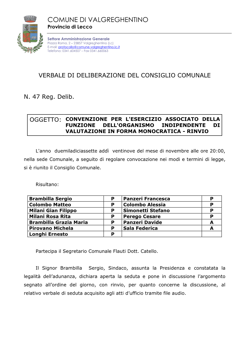 COMUNE DI VALGREGHENTINO Provincia Di Lecco