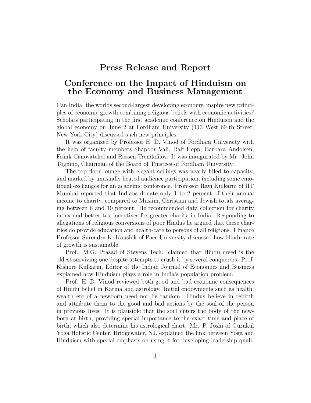 Press Release and Report Conference on the Impact of Hinduism on the Economy and Business Management