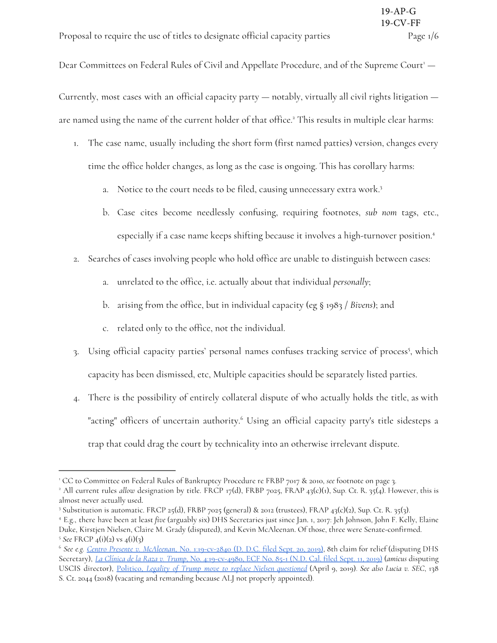 Proposal to Require the Use of Titles to Designate Official Capacity​ ​Parties Page 1/6